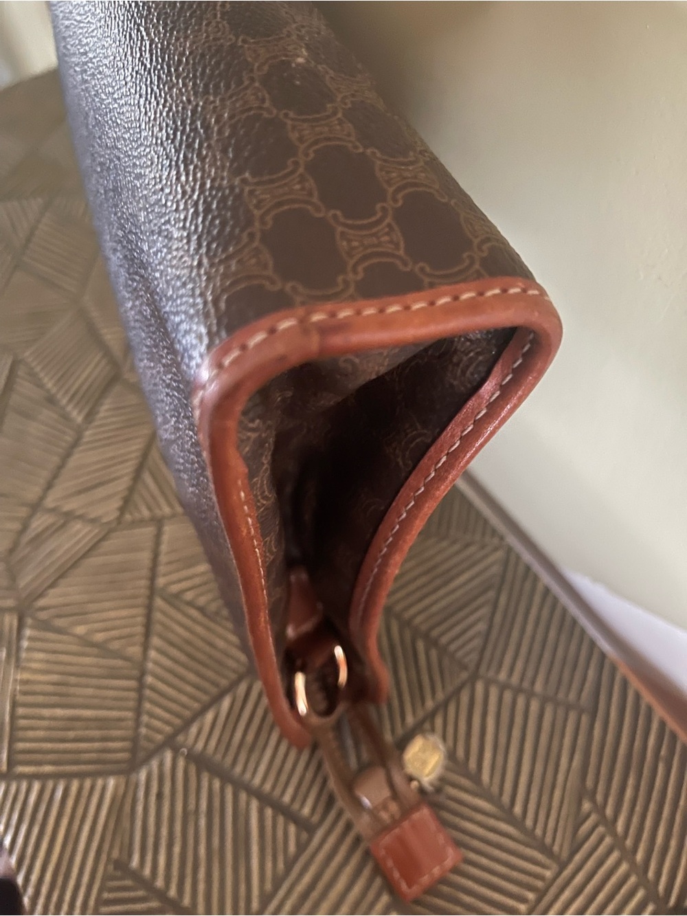 Vintage Celine Brown Patterned Leather Zip Pouch/Clutch Cognac Trim - Picture 3 of 11